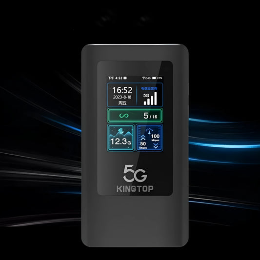 Black 5G portable Wi-Fi router with LCD screen showing signal and battery status.