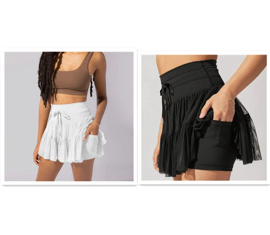 Stylish high-waist pleated mini skirt with lace-up design and built-in anti-exposure safety shorts, available in a variety of vibrant colors.