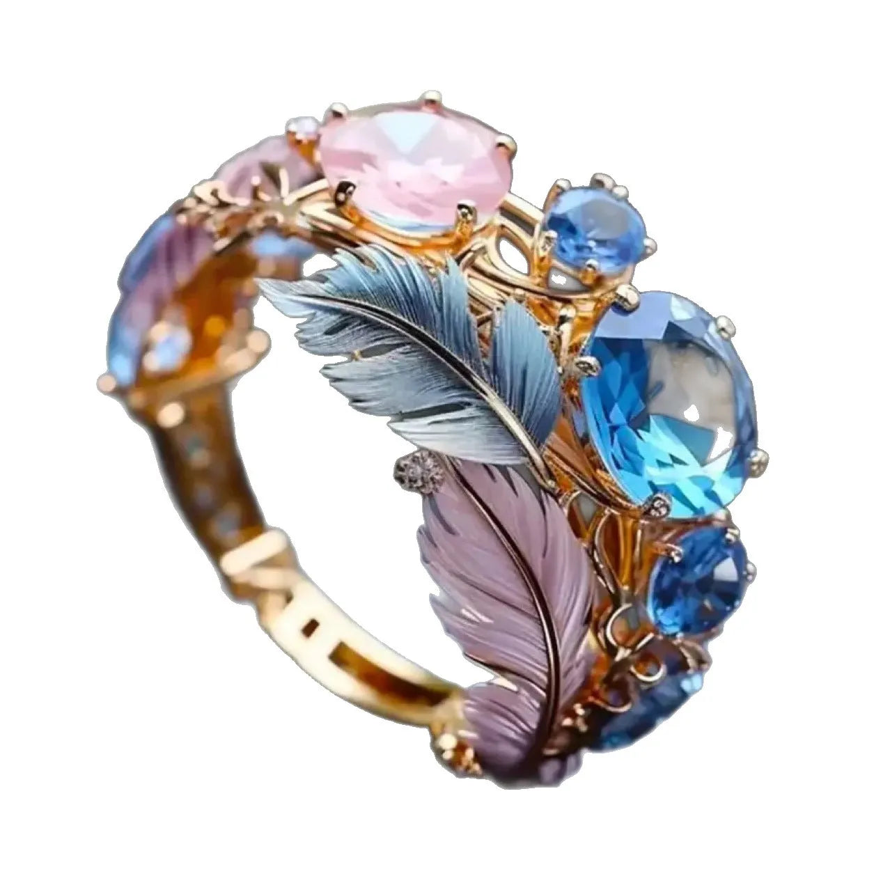 Gold colour brass feather ring with embossed geometric design and zircon inlays showing colourful pattern detail