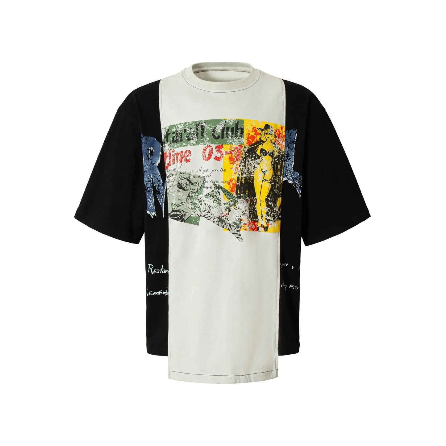 Black and white broken collage print on a loose short sleeve cotton blend T-shirt.