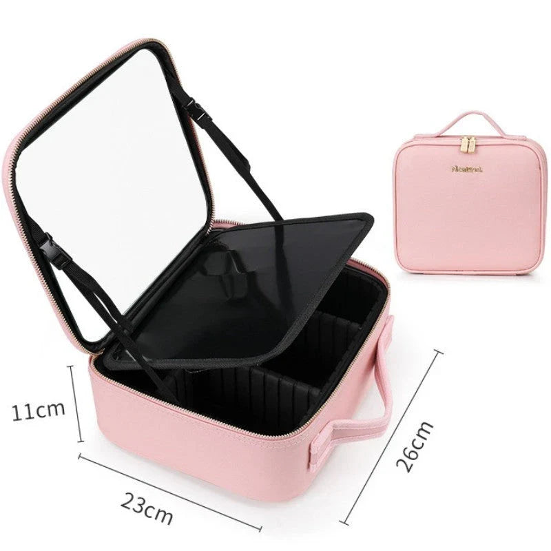 Glamorous lighted makeup vanity case with mirror, featuring large storage compartment, adjustable fill light, and high-definition mirror for flawless makeup application.