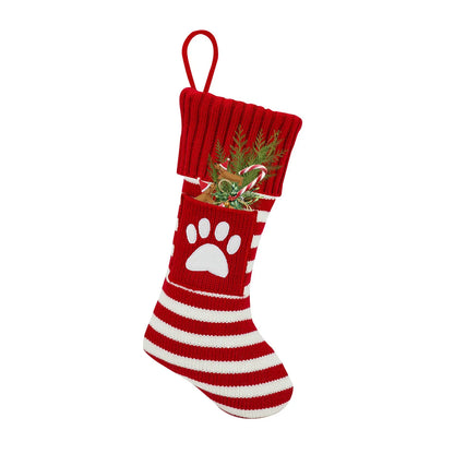 Knitted Christmas cat and dog socks in a gift bag, one pair, with red dog's paw, snowflake, green tree, or red elk patterns.
