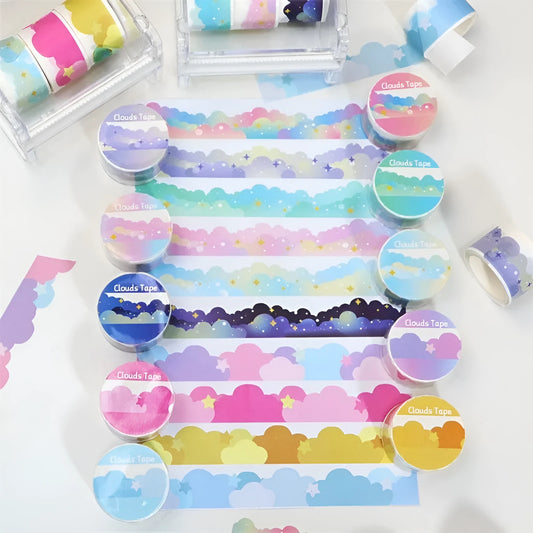 Roll of Japanese washi tape showing stars and clouds border pattern, 24mm wide decorative paper tape
