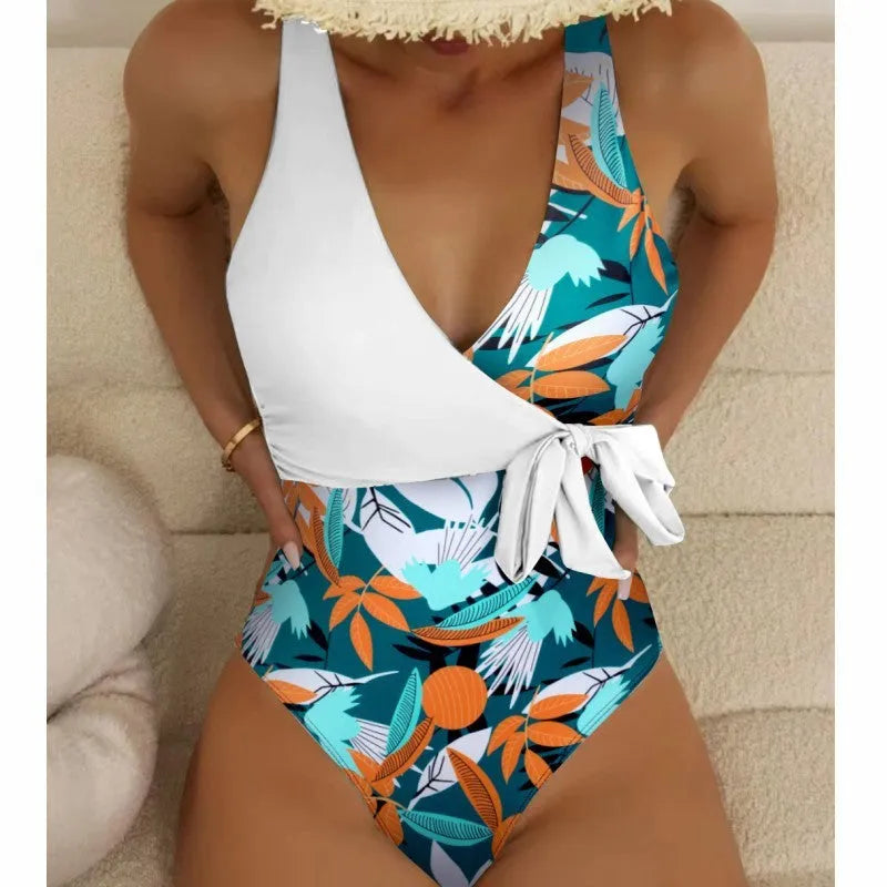 Women's high waist one-piece swimsuit in a printed pattern, showing front design.