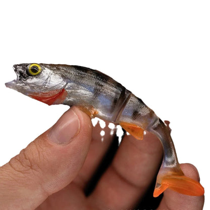 Two Fish T Tail soft plastic fishing lures with scissors-style tails in a natural fish colour pattern
