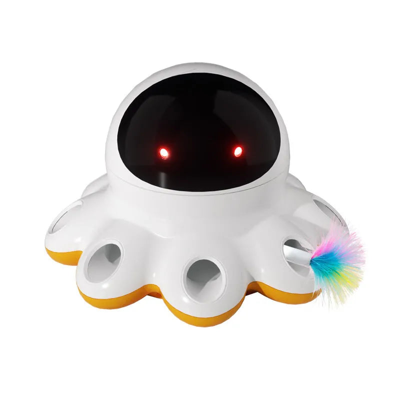 Automatic electric cat toy with shiny feather attachment on black background