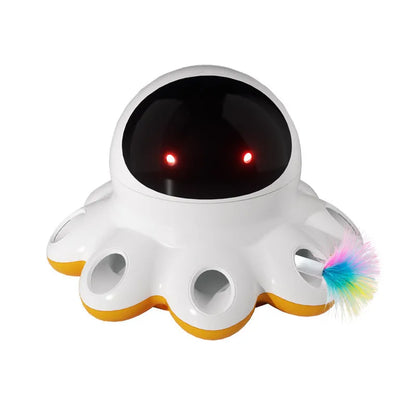 Automatic electric cat toy with shiny feather attachment on black background