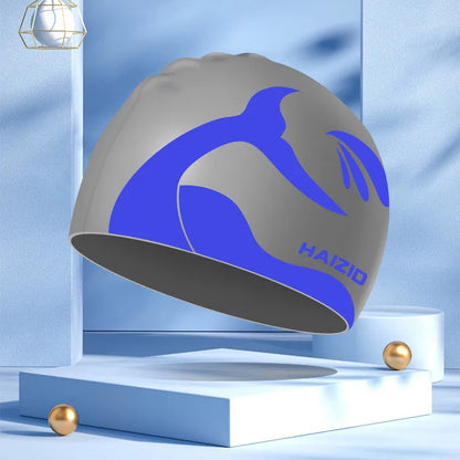 Silicone swim cap with whale tail pattern and waterproof ear protectors in four colour options