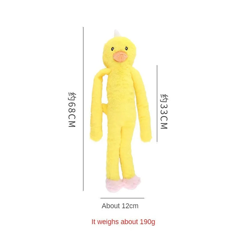 Large pink and yellow plush dog toy with rattle and crinkle paper sounds for golden retrievers