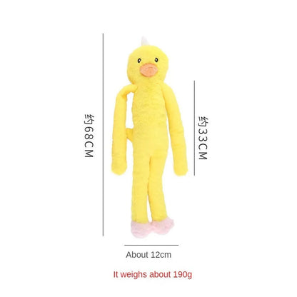Large pink and yellow plush dog toy with rattle and crinkle paper sounds for golden retrievers