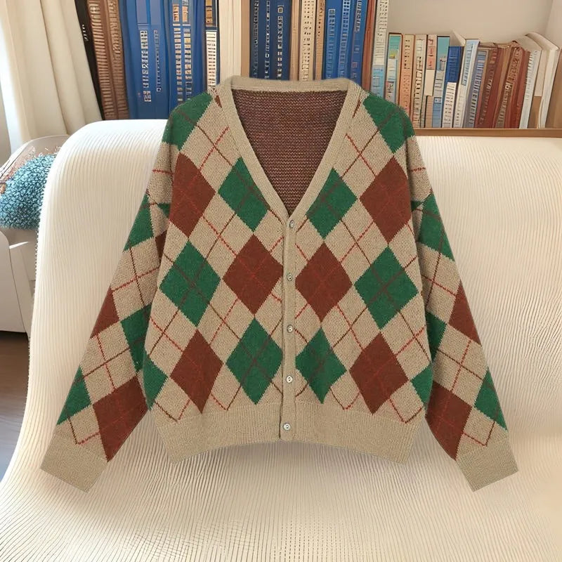 Light khaki knitted acrylic cardigan with regular sleeves on a hanger, free size.