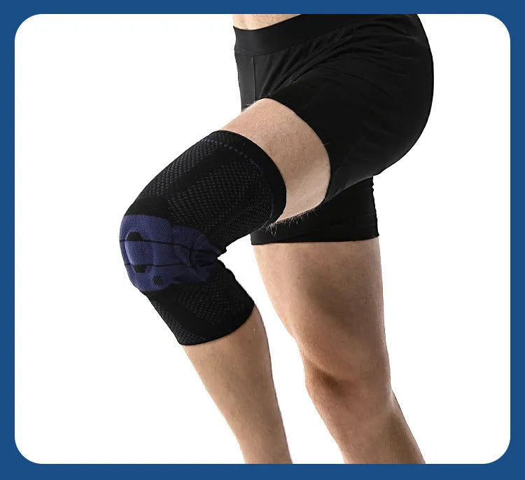 Black and blue adult sports knee pads made from nylon and spandex for running and basketball.