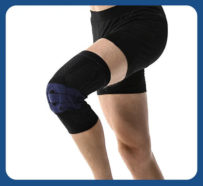 Black and blue adult sports knee pads made from nylon and spandex for running and basketball.