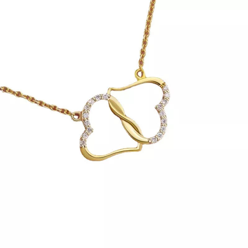 Double Heart Love Necklace with rhinestones and zircon inlay on a model