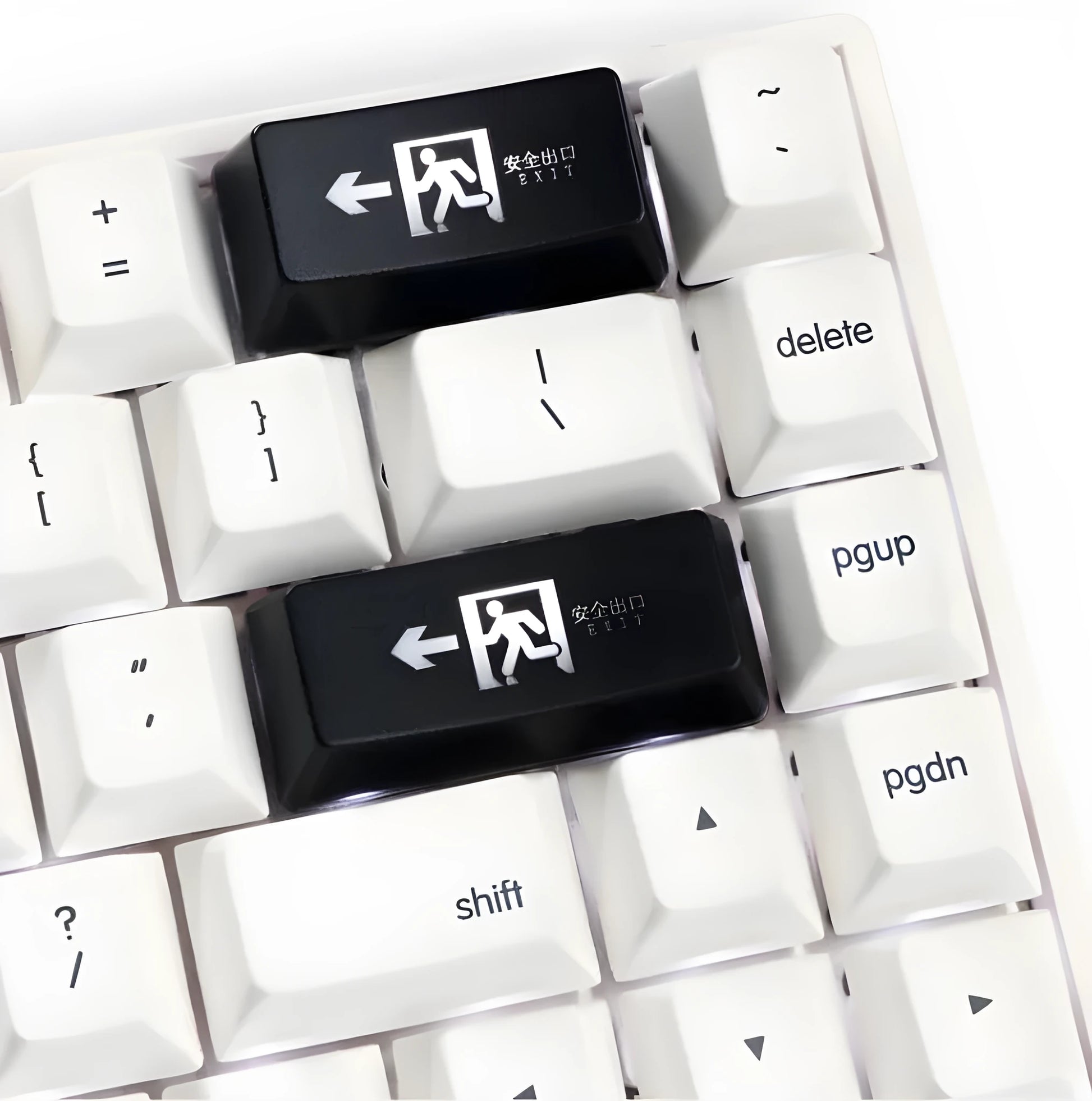 Transparent mechanical keyboard key cap with safety evacuation exit design in red colour