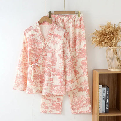 Women's pink pure cotton gauze long sleeve top and matching trousers lounge suit set.