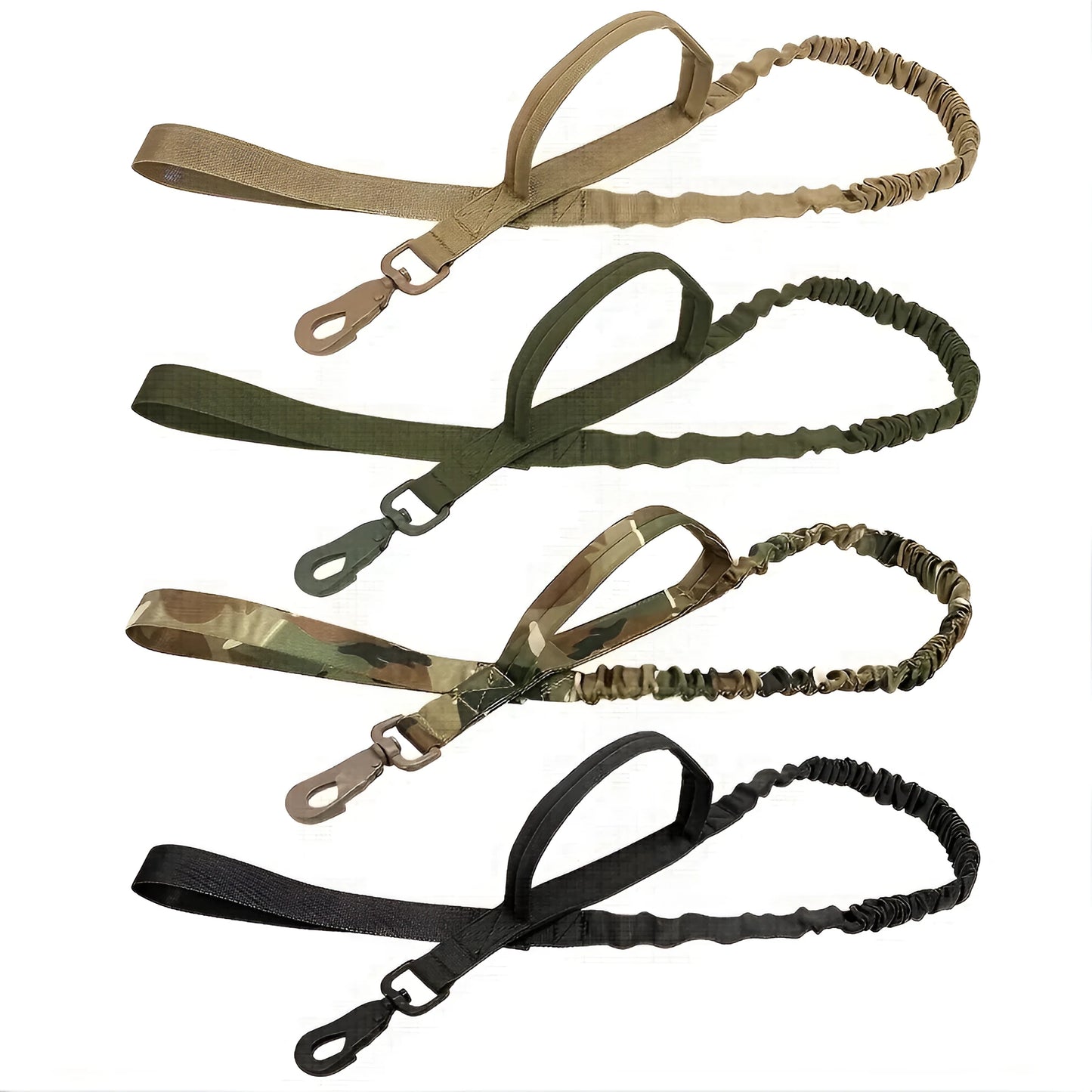 Retractable dog leash for large breeds with ergonomic handle, shown in black, green, and khaki.