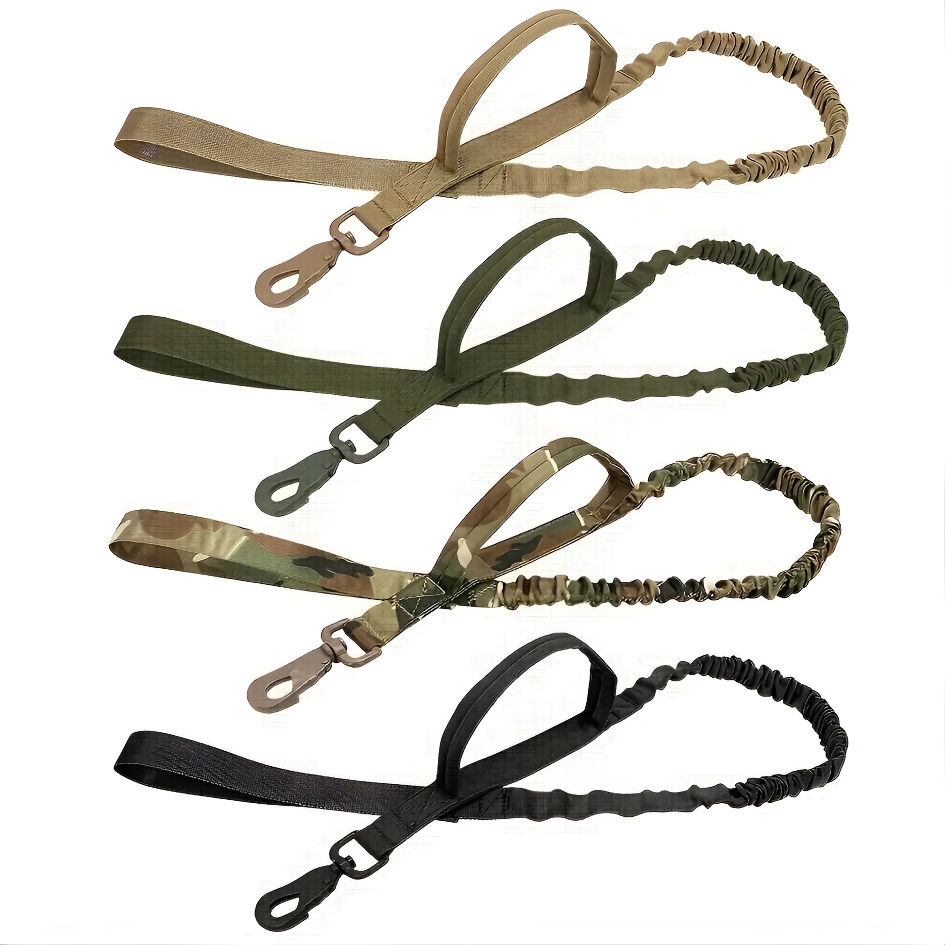 Retractable dog leash for large breeds with ergonomic handle, shown in black, green, and khaki.