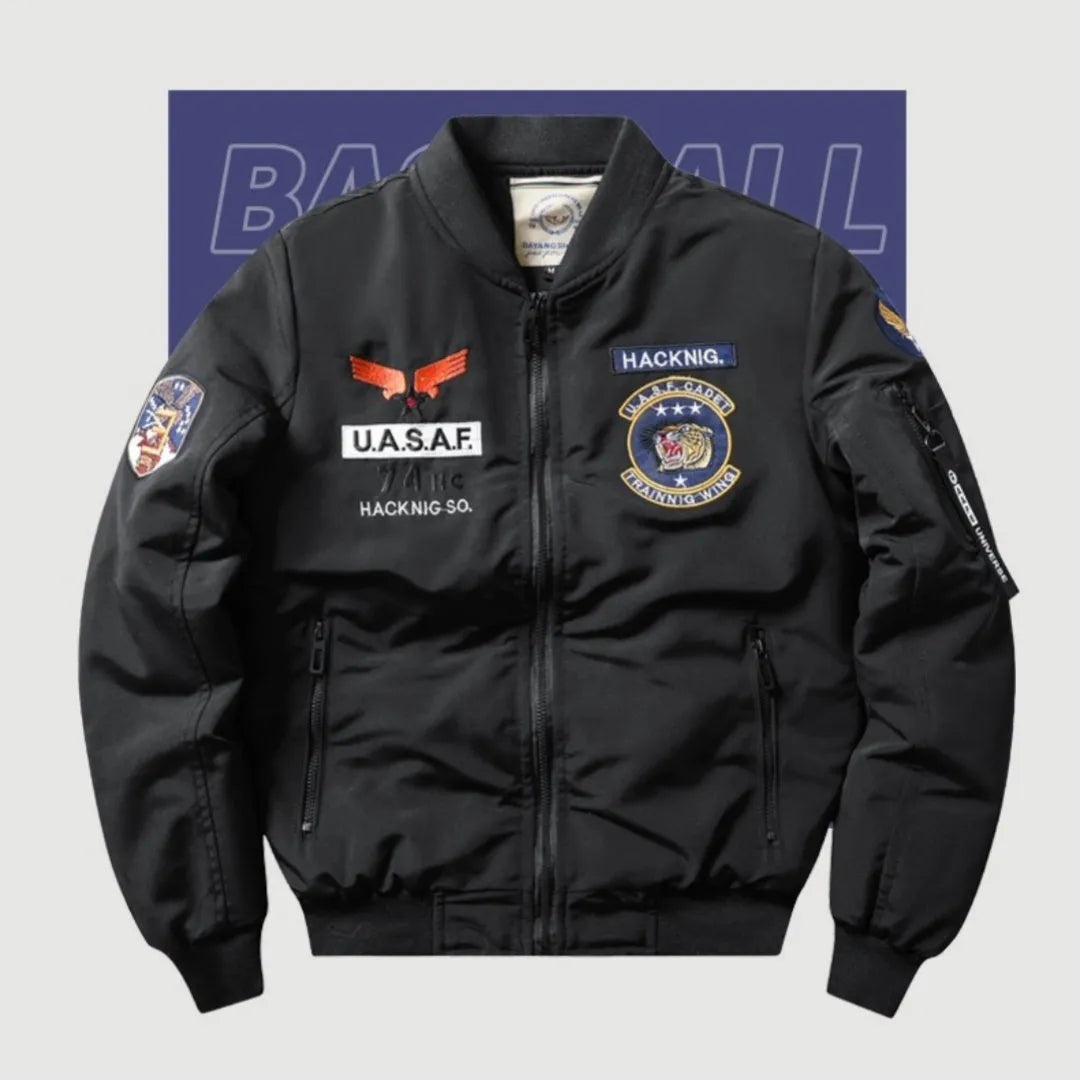 Men's retro embroidery cotton-padded coat with stand collar and patch pockets in blue colour