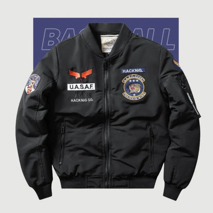 Men's retro embroidery cotton-padded coat with stand collar and patch pockets in blue colour