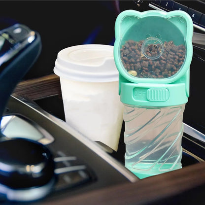 Green 3-in-1 pet water bottle showing water dispenser, food container, and waste bag compartment