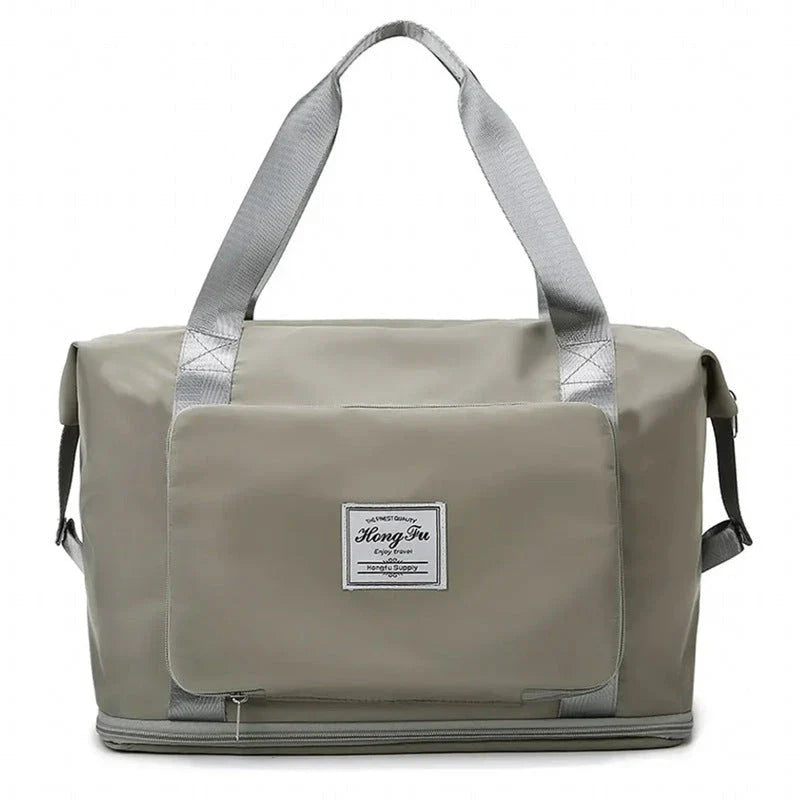 Roomy and foldable gym bag for women with waterproof Oxford fabric, multiple pockets, and wet/dry separation compartment