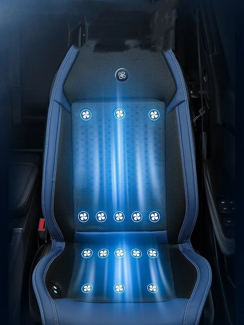 Car seat cooling pad with dual 12V and USB power, featuring integrated fan ventilation and gentle massage for enhanced summer driving comfort and heat dissipation