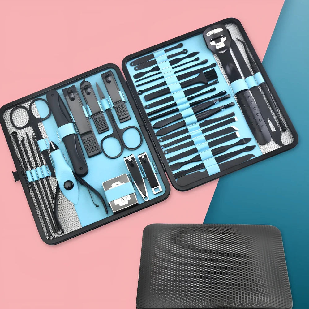 Beauty manicure nail care kit with stainless steel tools in red PU leather case weighing 397g