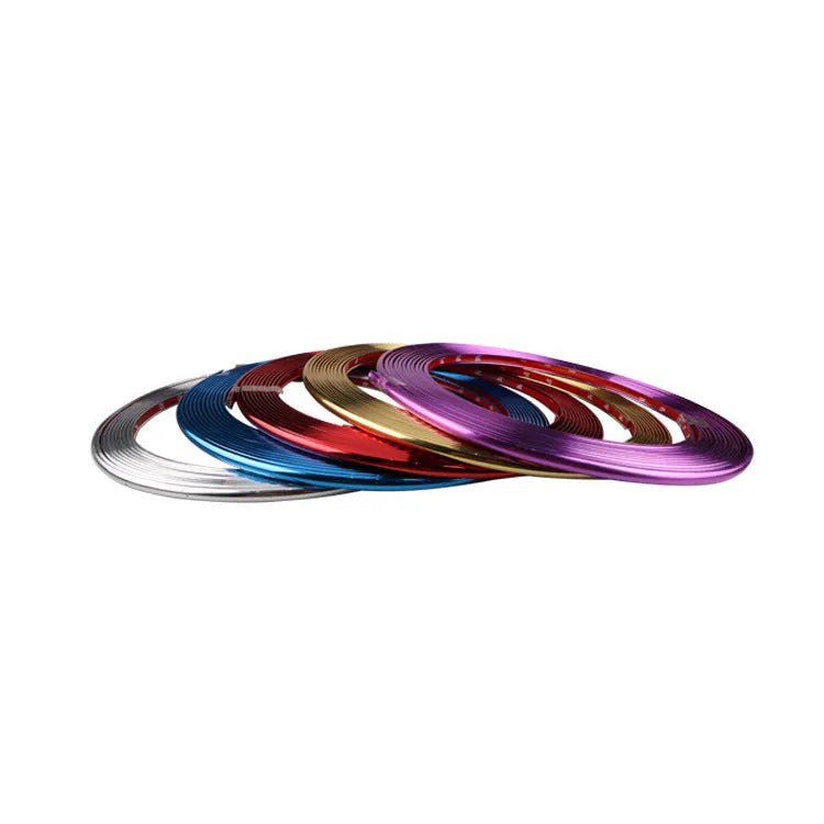 Electroplated purple wheel hub trim stickers on 8 metre roll with anti-collision strip