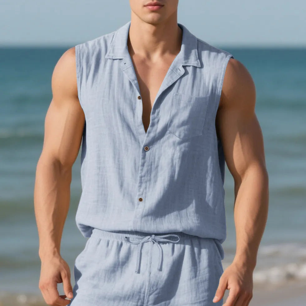 Loose-fit sleeveless linen cardigan vest with a polo collar in a solid colour on a hanger.