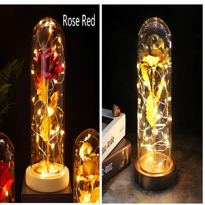 Little Prince rose arrangement under 20x9cm glass dome with gold foil flowers