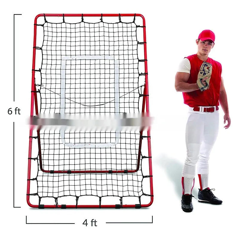 Red adjustable portable baseball training net with metal frame measuring 4x6 feet for ball sports practice