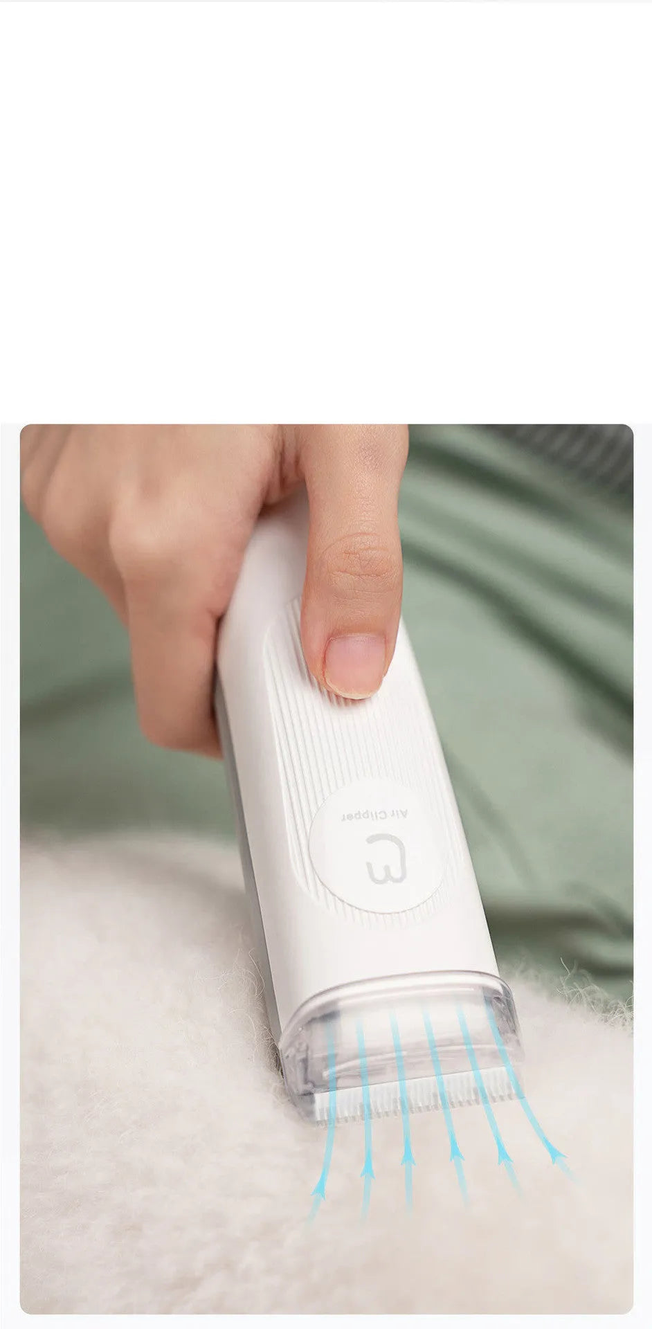 White pet grooming clippers kit with electric scissors, thinning comb, and cleaning brush