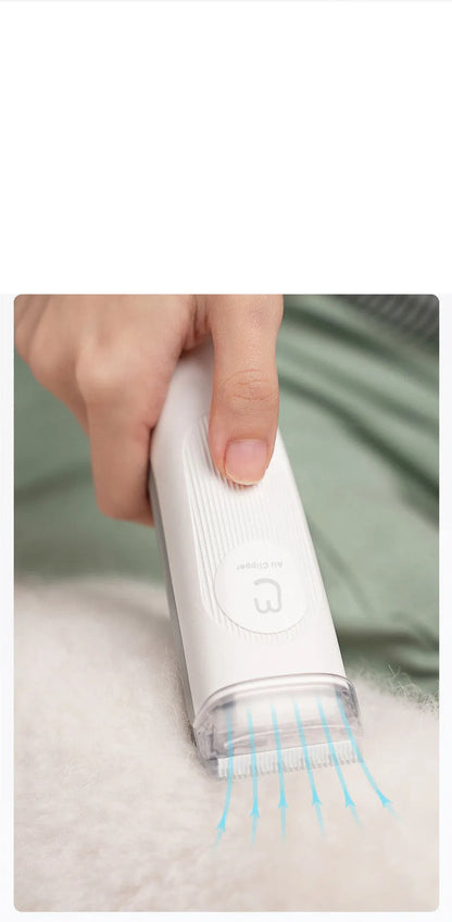 White pet grooming clippers kit with electric scissors, thinning comb, and cleaning brush
