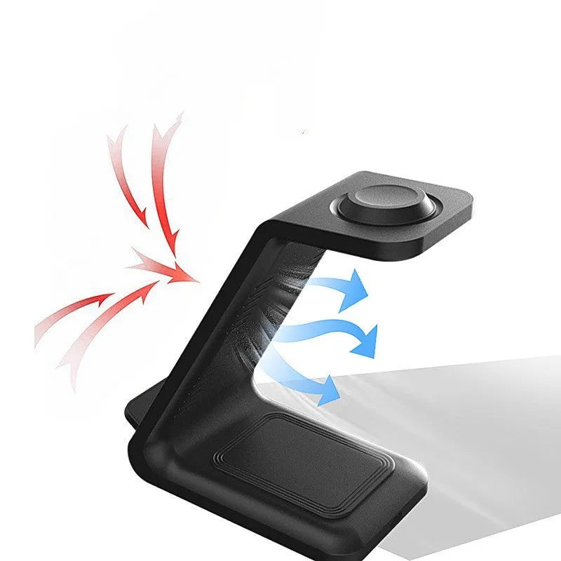 White 3-in-1 wireless charger with upright phone holder charging smartphone, earbuds, and smartwatch simultaneously