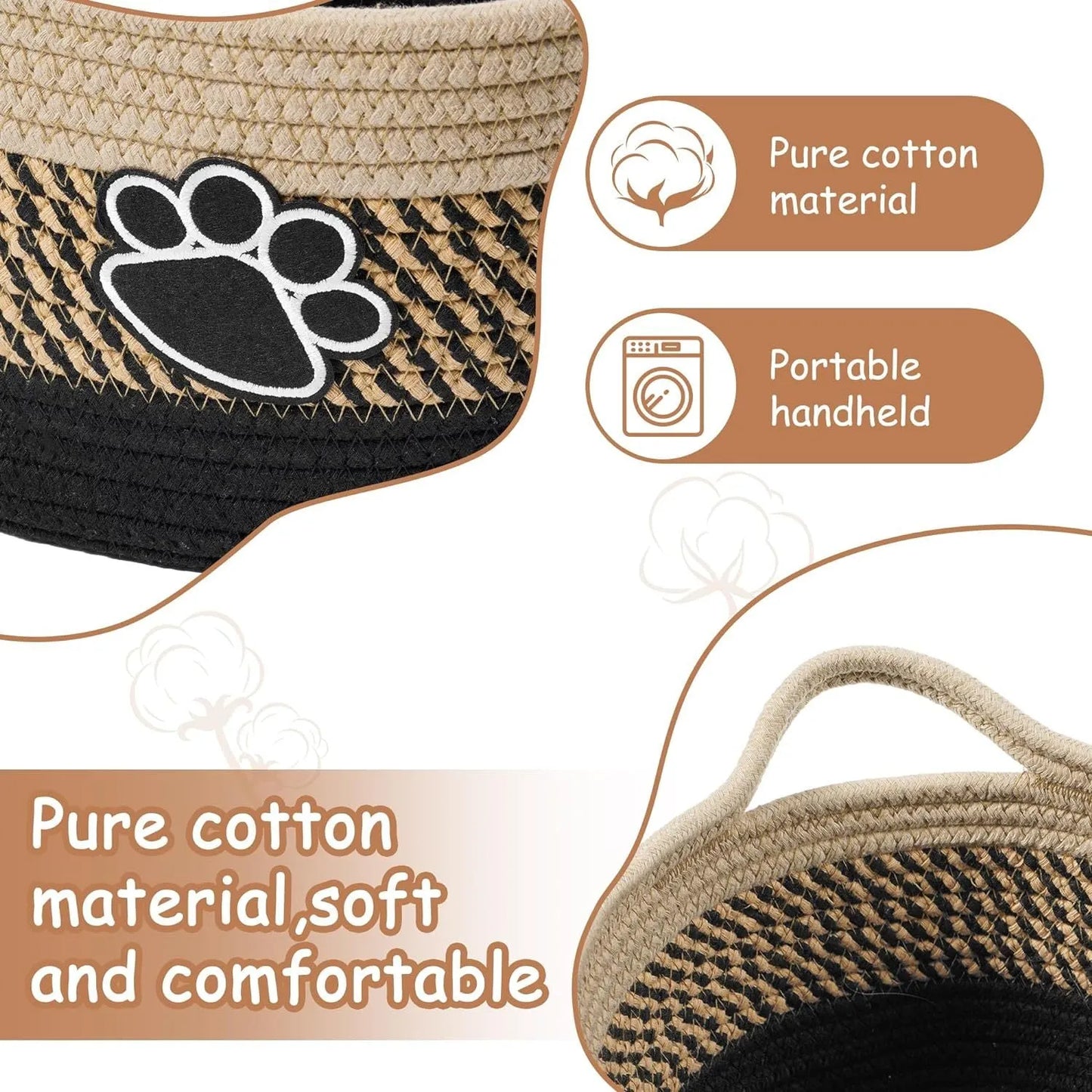 Handmade woven storage basket with handle measuring 34x26x15cm in light beige colour