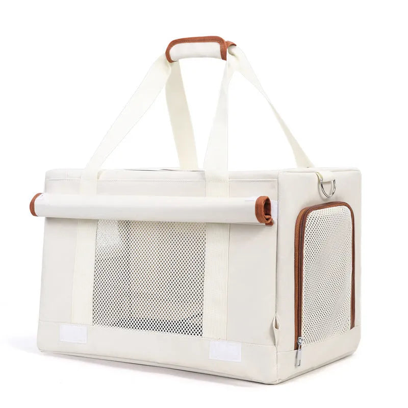 Double-deck pet trolley bag in nylon with 18L capacity for cats and small pets, shown in brown, green, white, or yellow