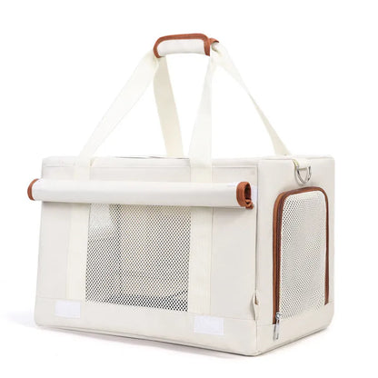 Double-deck pet trolley bag in nylon with 18L capacity for cats and small pets, shown in brown, green, white, or yellow