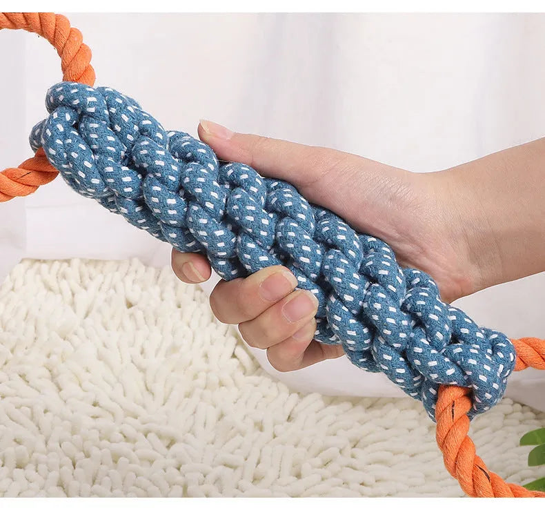 Blue braided bone-shaped cotton rope dog toy with double rings measuring 37 cm