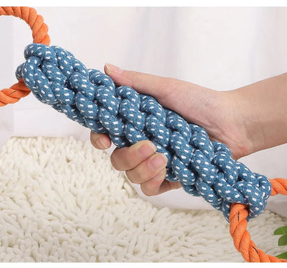 Blue braided bone-shaped cotton rope dog toy with double rings measuring 37 cm