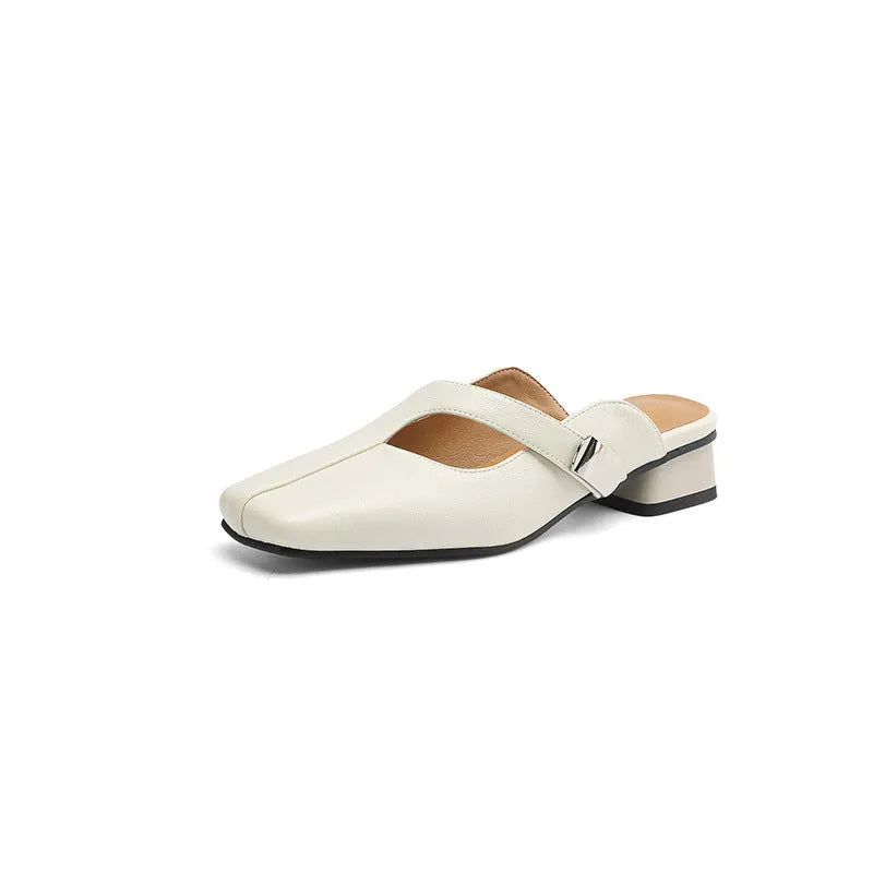 Low heel square toe outdoor slippers in artificial PU material with rubber sole