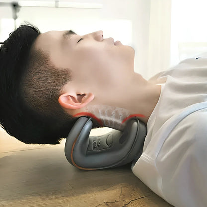 Red and grey EVA foam neck stretcher massager showing ergonomic curvature for cervical spine support