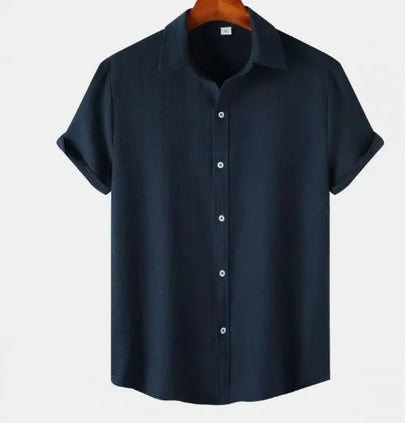 Men's casual short-sleeved cardigan shirt in polyester, shown in available colours.