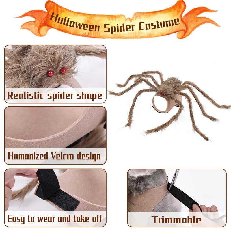 Halloween big spider pet costume for dogs and cats in grey, brown, black, or purple with adjustable sizes