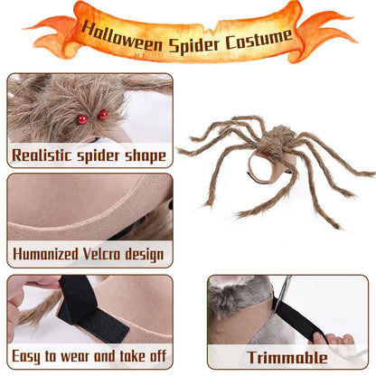 Halloween big spider pet costume for dogs and cats in grey, brown, black, or purple with adjustable sizes