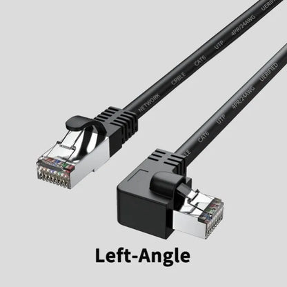 Black Cat6 Ethernet cable with a right-angled metal RJ45 connector, showing the 90-degree bend and cable length.