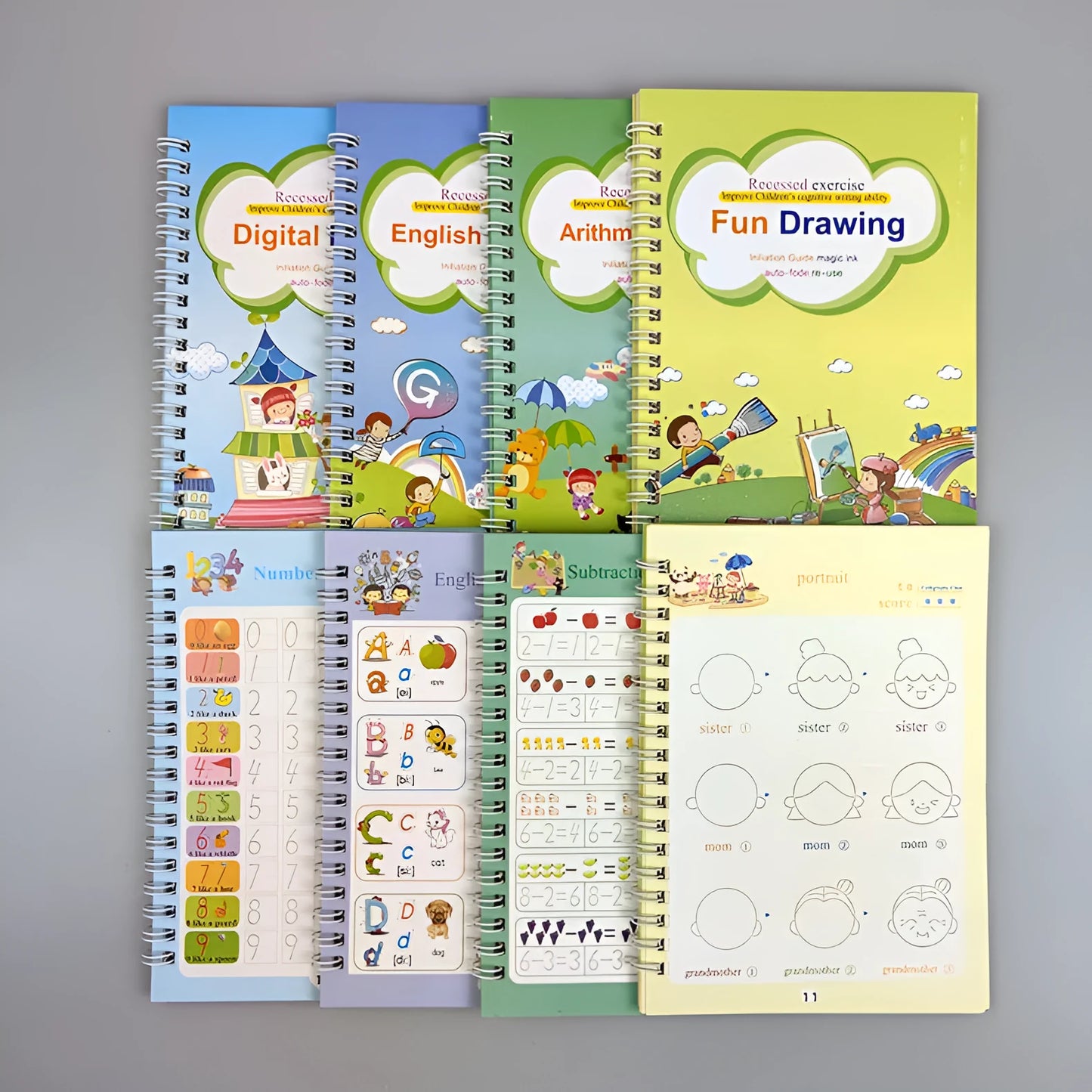 Magic calligraphy copybook set with stylus for children's handwriting practice showing 3D slot design