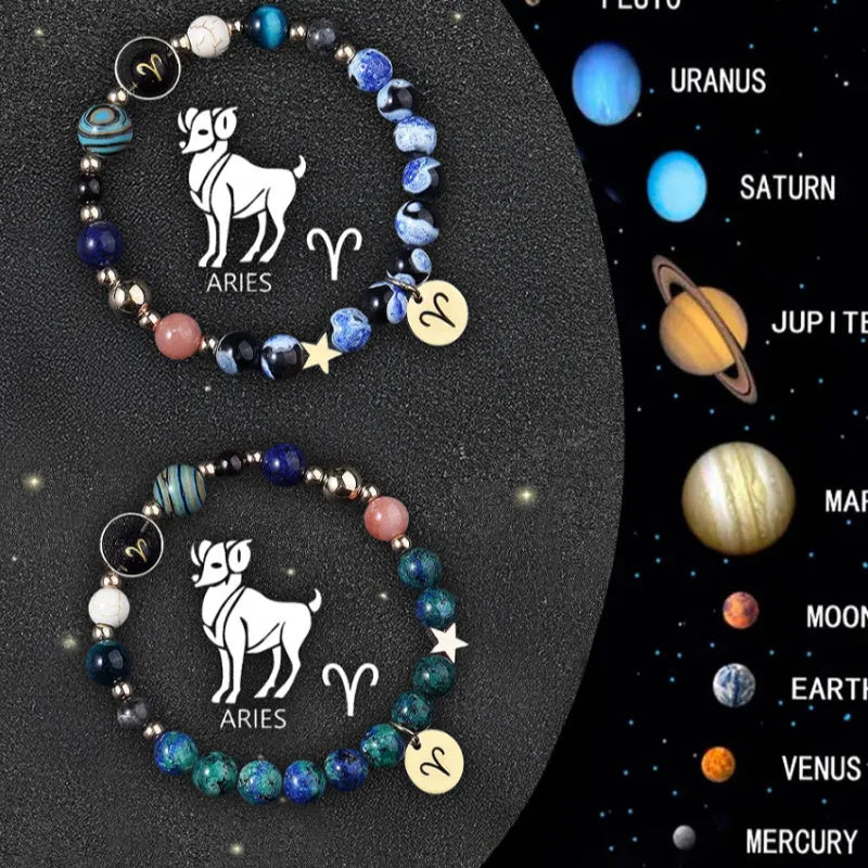 Twelve Zodiac Sign beaded bracelet set with natural stone beads and adjustable closure on wrist