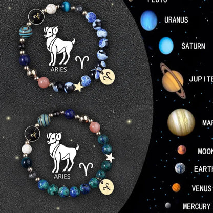 Twelve Zodiac Sign beaded bracelet set with natural stone beads and adjustable closure on wrist