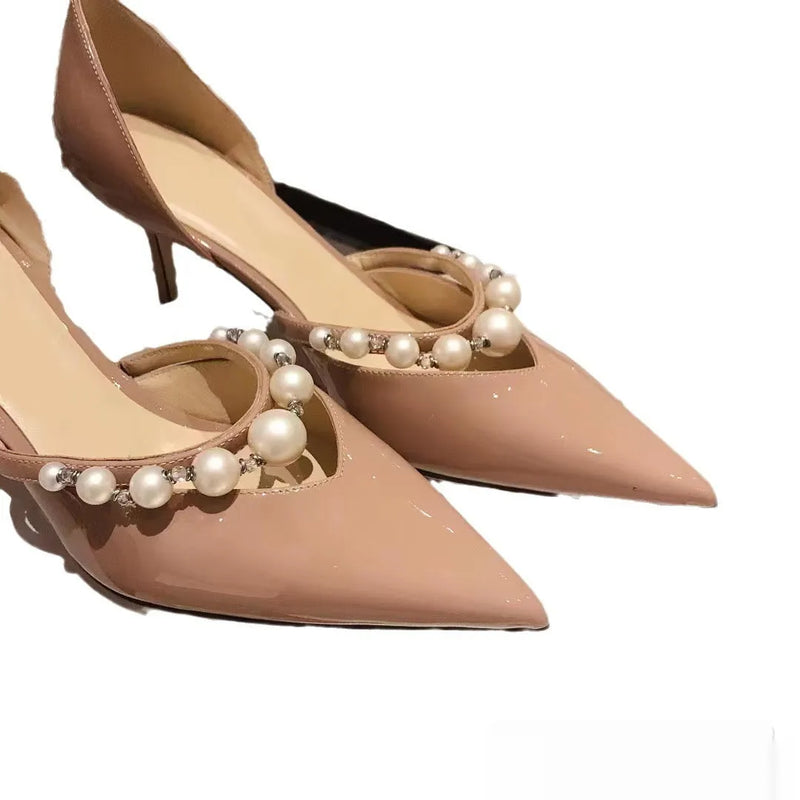 Pointed toe patent leather high heel stiletto shoes for women in nude, black or white colours with sheepskin lining and rubber sole, available in sizes 34 to 40 for a comfortable fit.